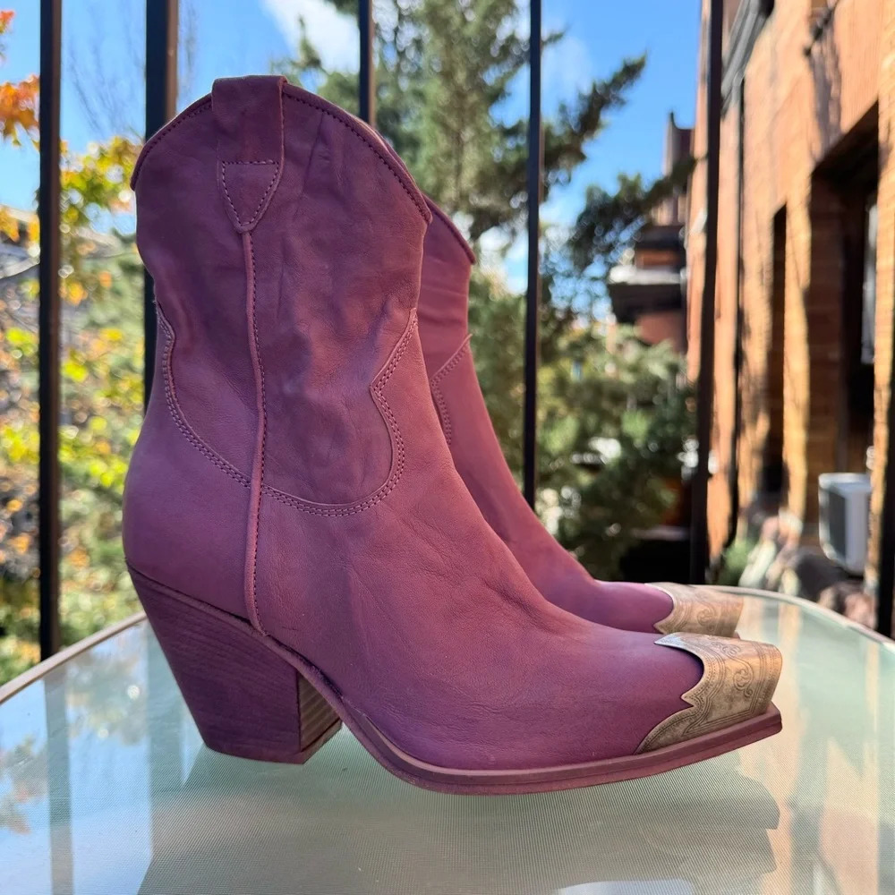 New Free People Brayden Western Leather Ankle Boots Purple 6.5